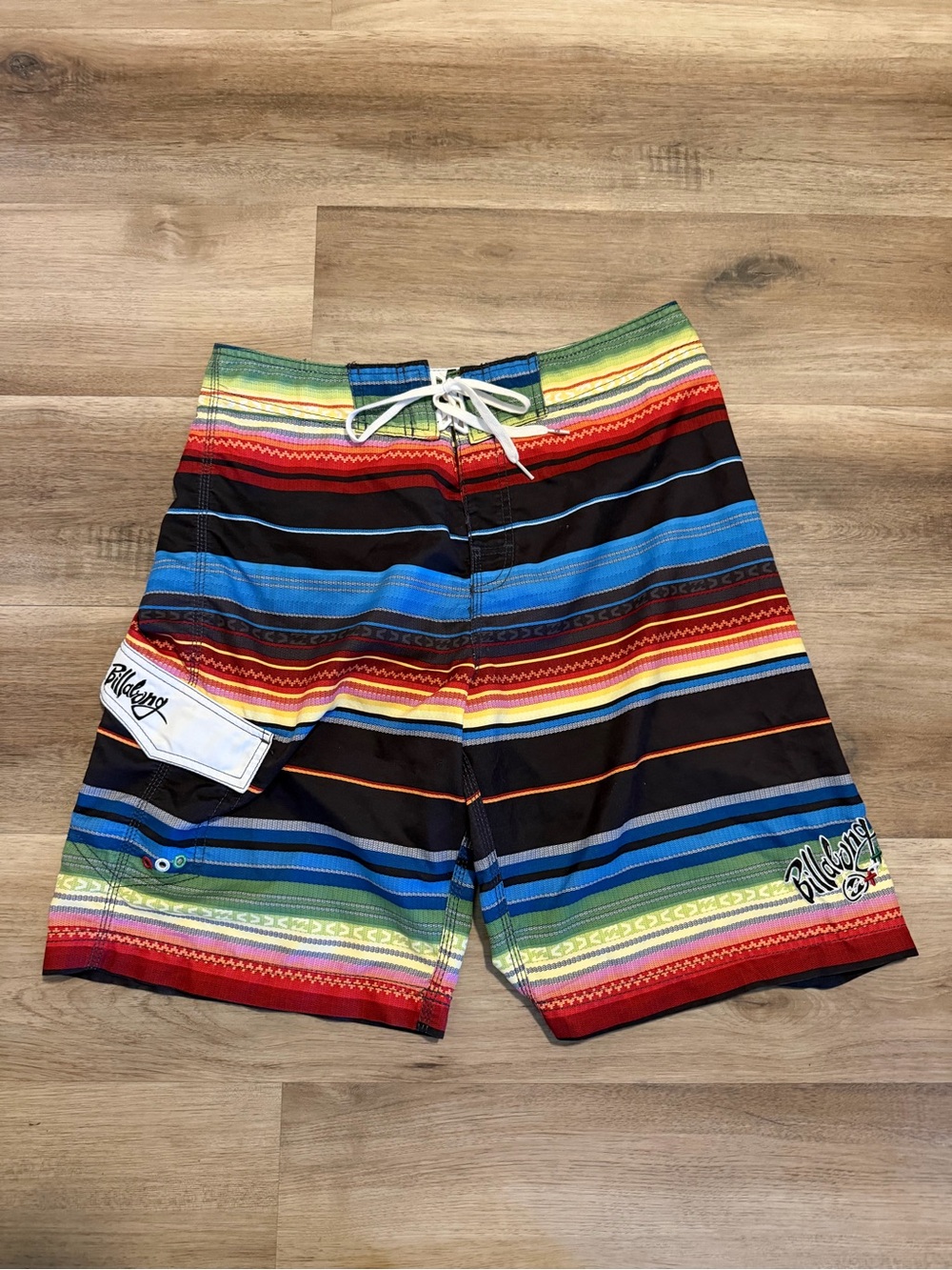 Vtg Hecho de Billabong Rasta striped surf swim board shorts size 33
